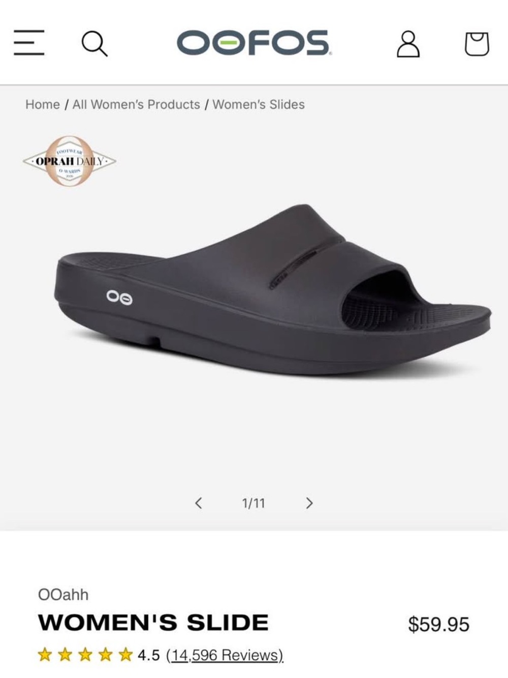 OOFOS Women's Slide Sandal - Charcoal Black